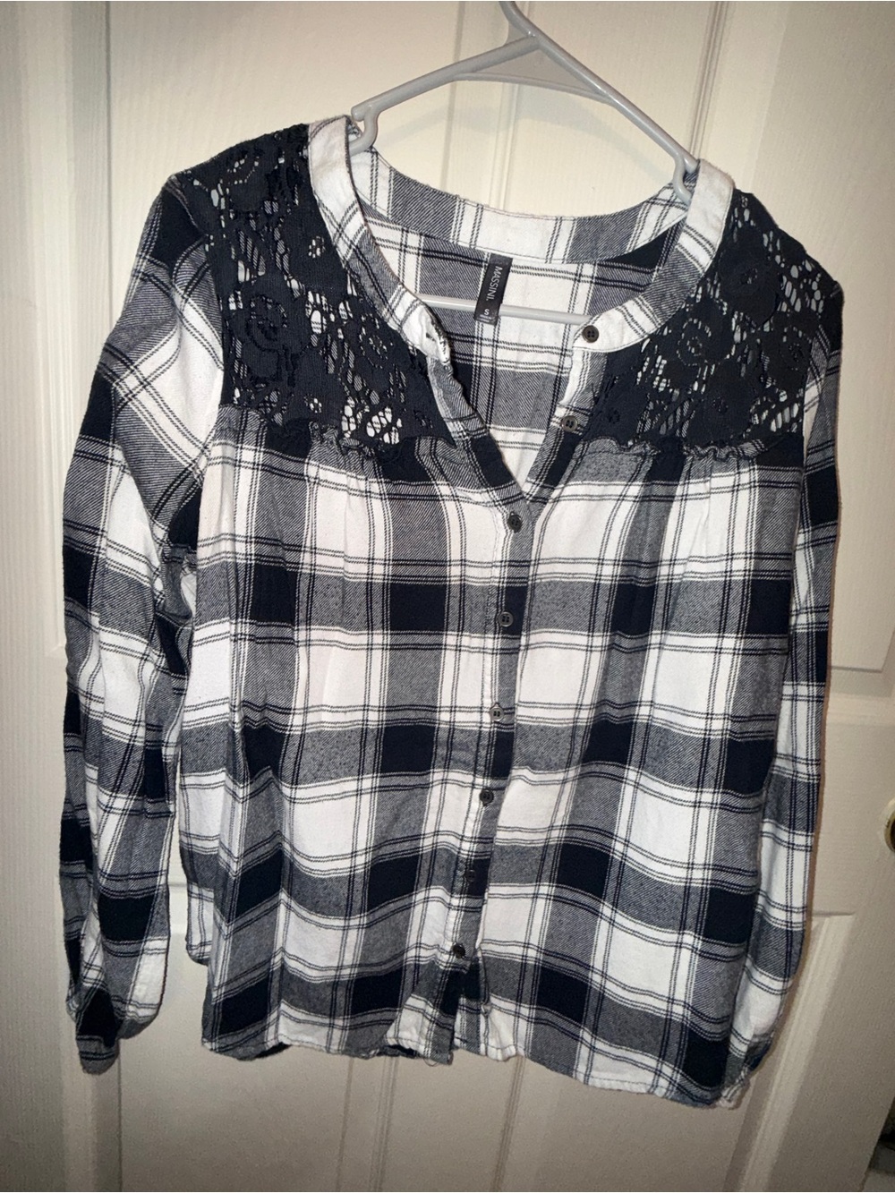 Massini Black and White Plaid Button-Down with Lace Yoke